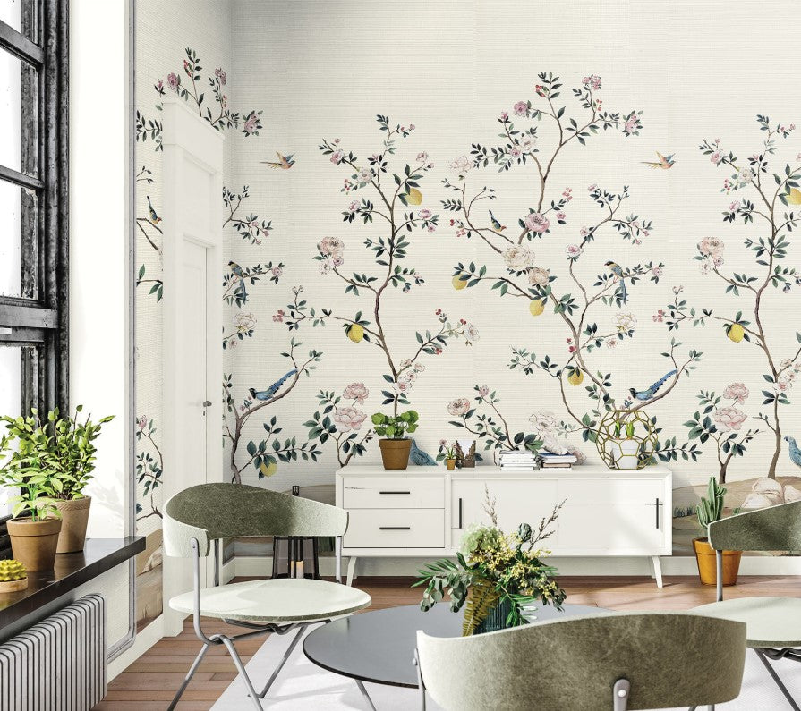 Blossom Chinoiserie Mural | Silver Metallic