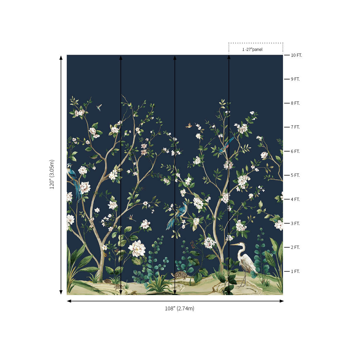 Heron Botanical Mural | Admiral Blue