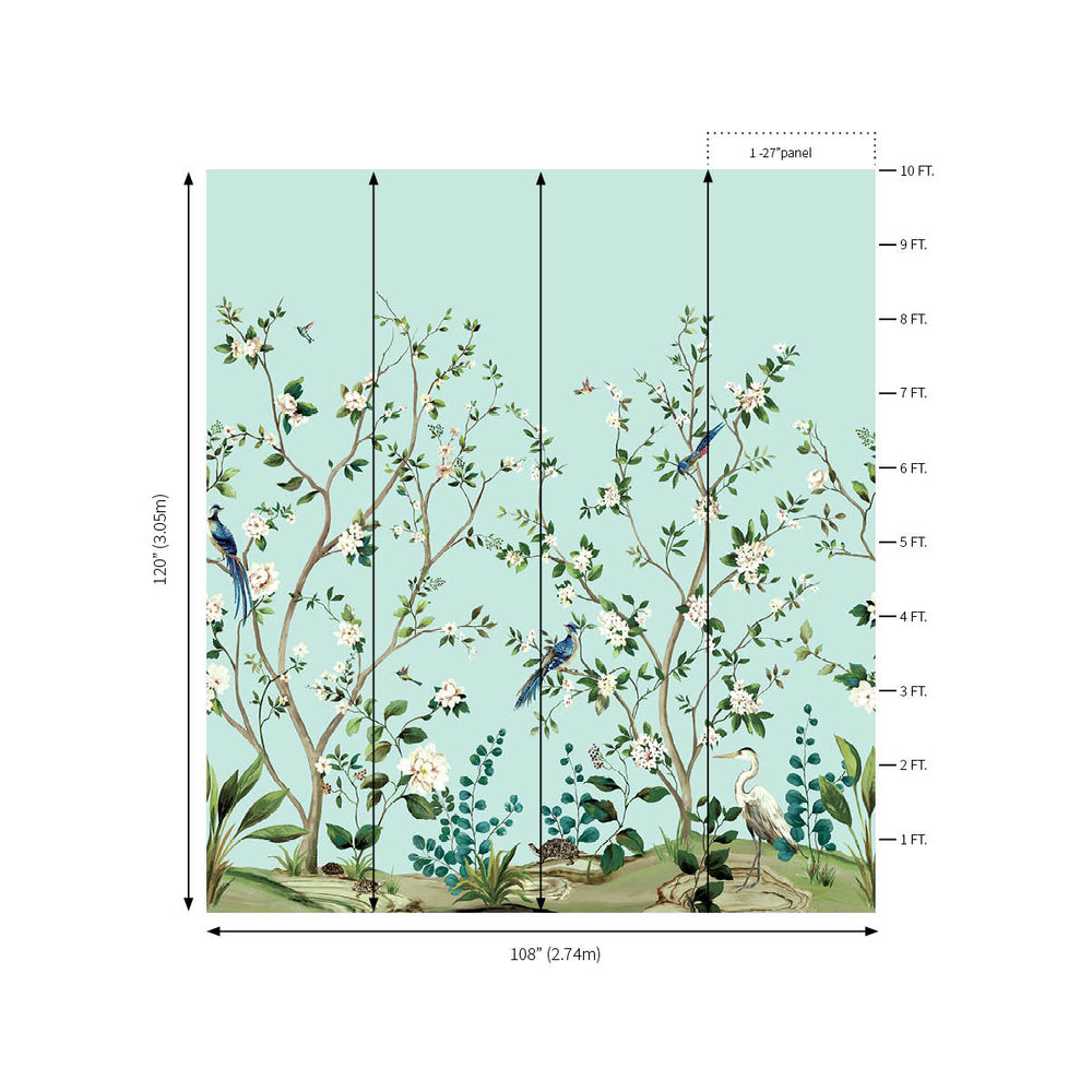 Heron Botanical Mural | Celeste Blue