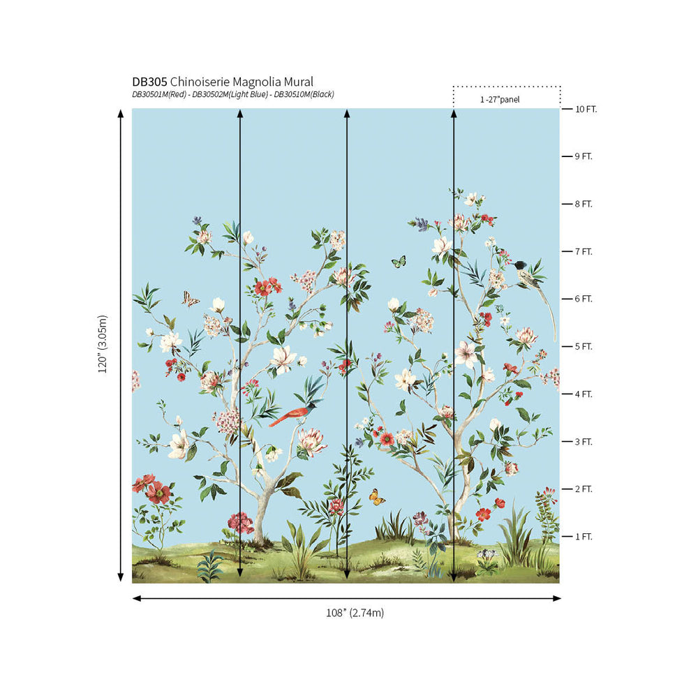 Chinoiserie Magnolia Mural | Sky Blue