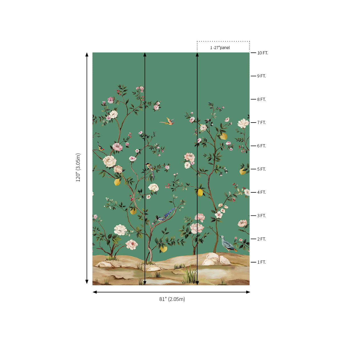 Blossom Chinoiserie Mural | Emerald Green