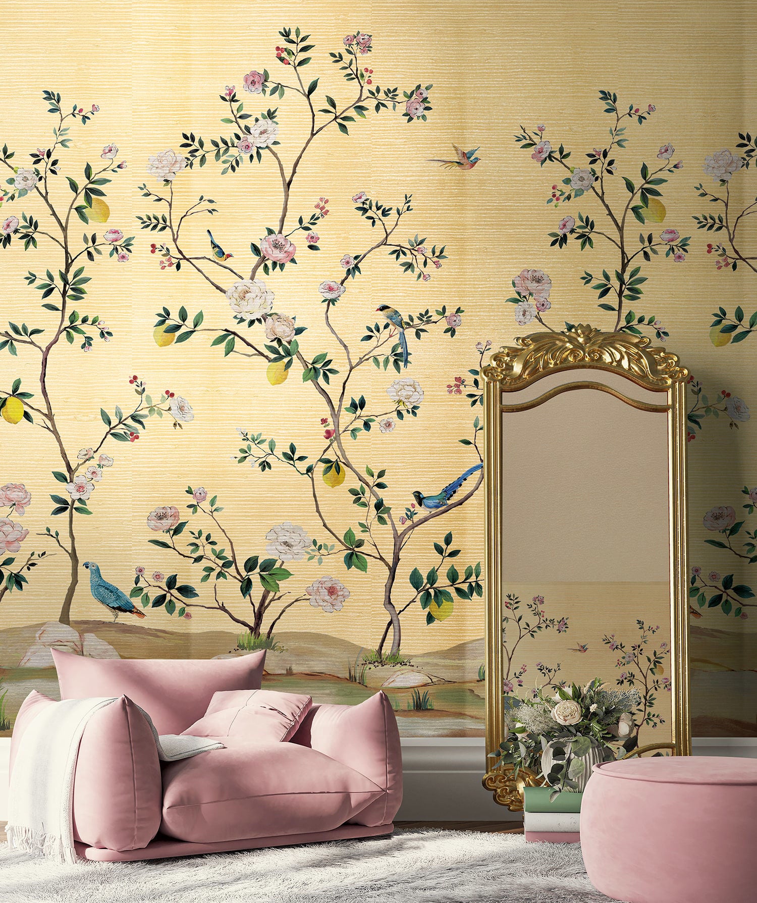 Blossom Chinoiserie Mural | Gold Grasscloth Metallic