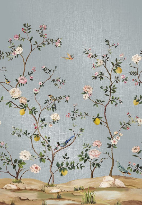 Blossom Chinoiserie Mural | Blue Metallic Linen