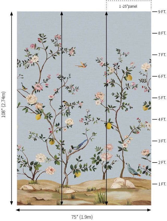 Blossom Chinoiserie Mural | Blue Metallic Linen