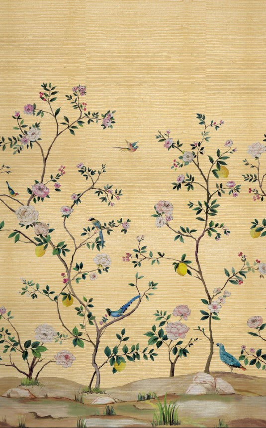 Blossom Chinoiserie Mural | Gold Grasscloth Metallic