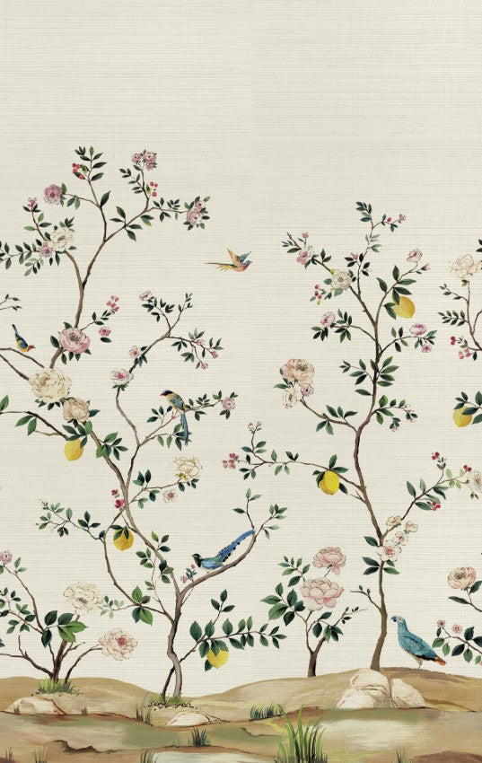 Blossom Chinoiserie Mural | Silver Metallic