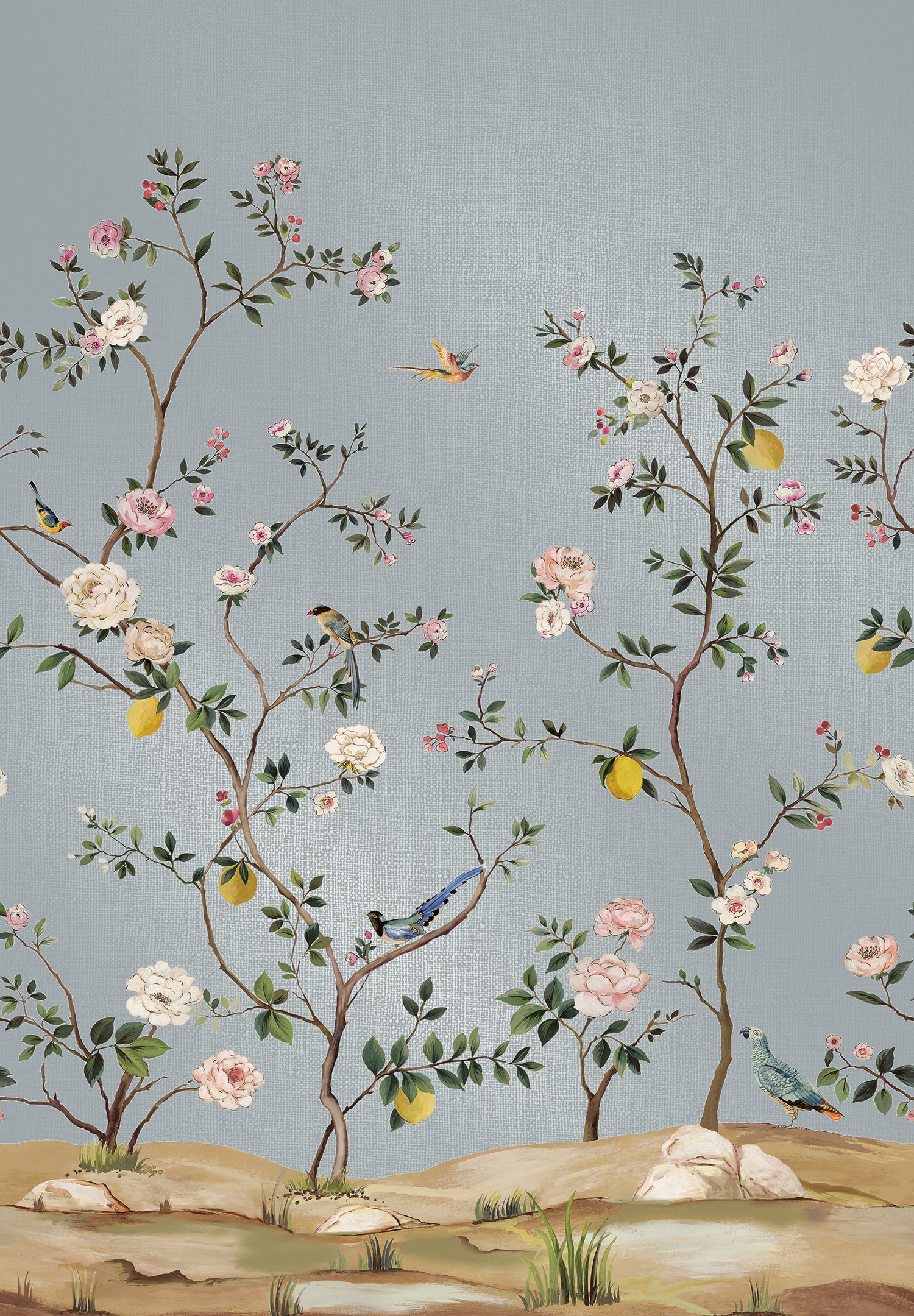 Blossom Chinoiserie Mural | Blue Metallic Linen