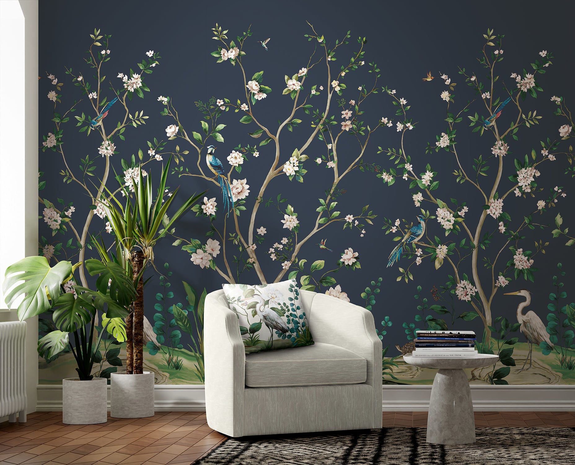 Heron Botanical Mural | Admiral Blue