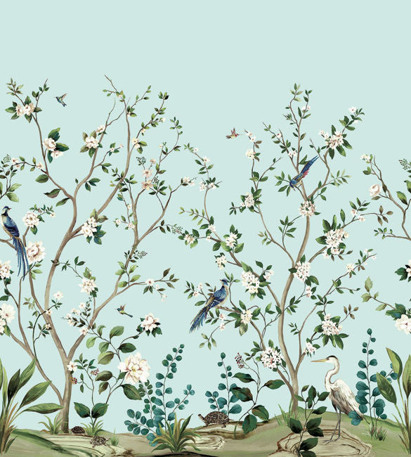 Heron Botanical Mural | Celeste Blue