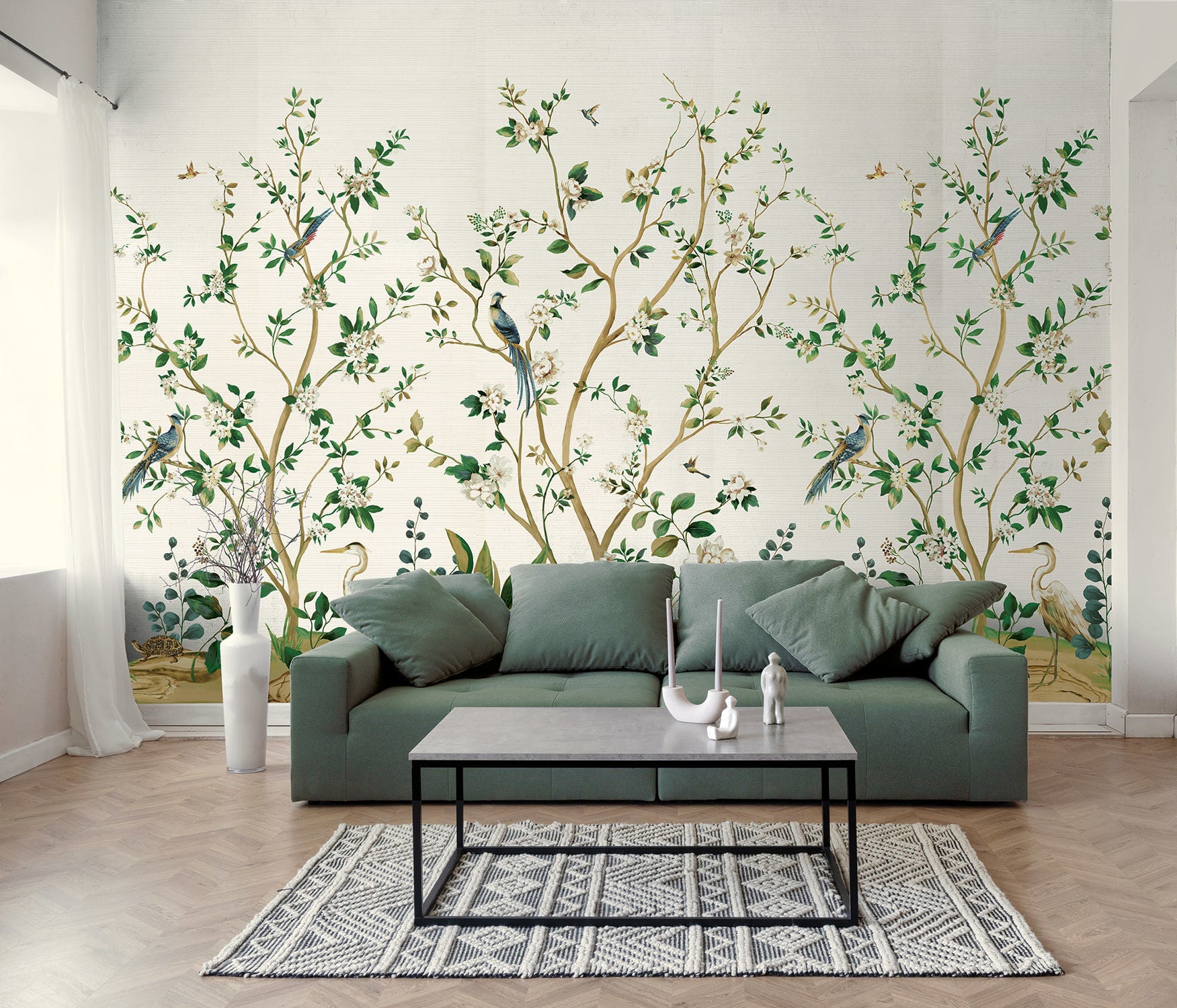 Heron Botanical Mural |  Silver Grasscloth
