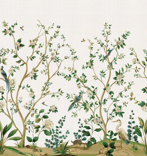 Heron Botanical Mural |  Silver Grasscloth
