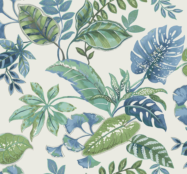 Tropical Leaf | Blues And Leaf Greens On White